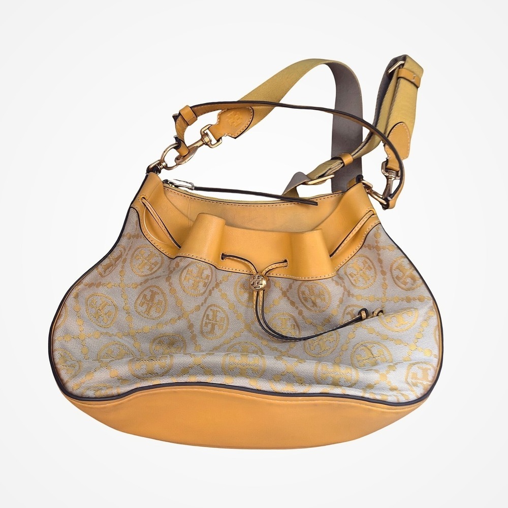 Tory Burch Yellow Monogram Canvas Drawstring Hobo Crossbody Bag Gold‎ Hardware